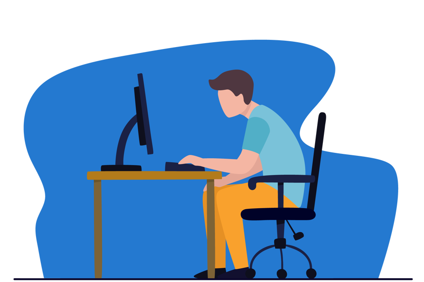 Desenho de um homem sentado curvado na cadeira do escritório, em frente ao computador